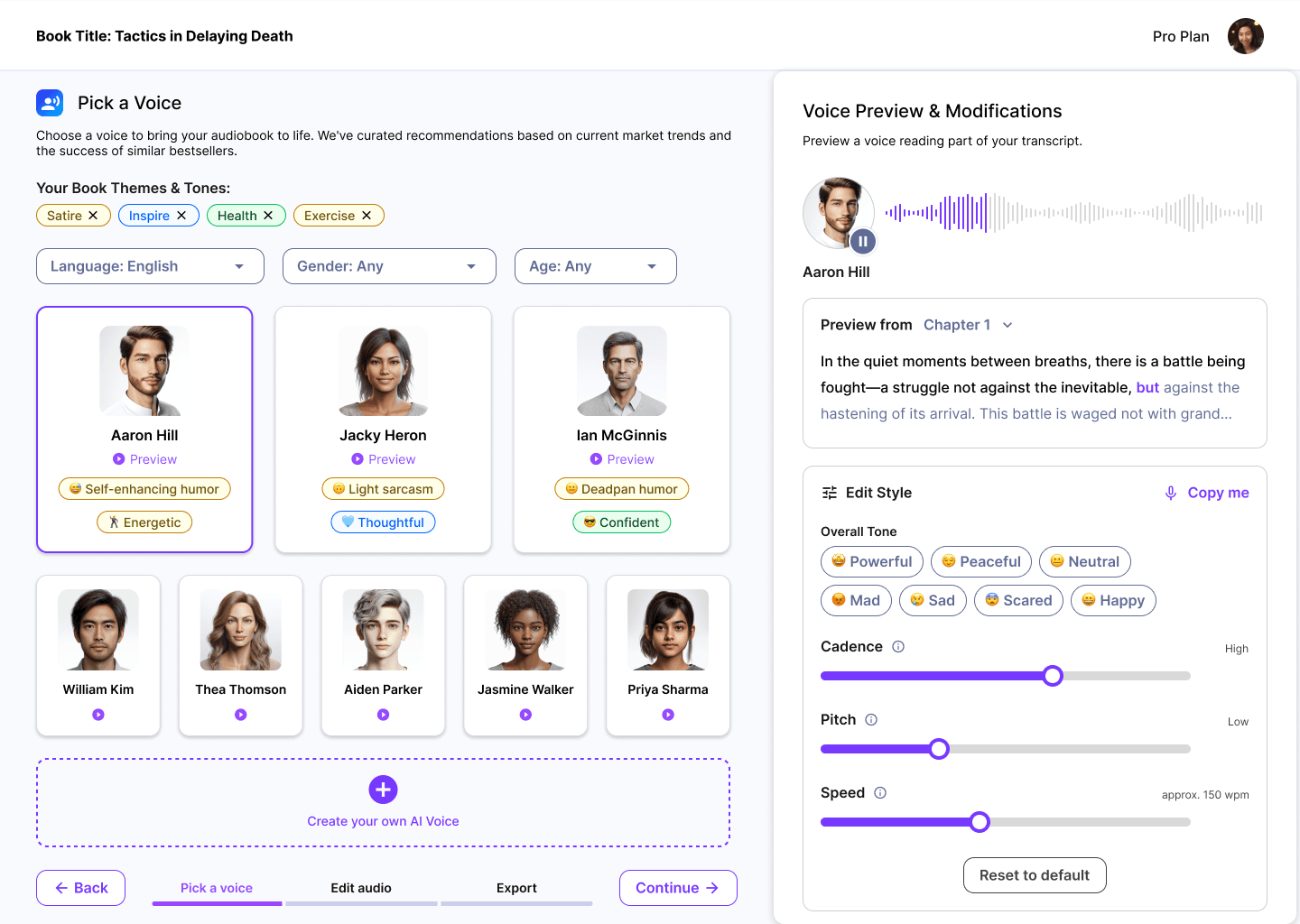 A concept for choosing an audiobook narrator: a grid of AI voices with tone tags, and a panel to preview a chapter and adjust cadence, pitch and speed.