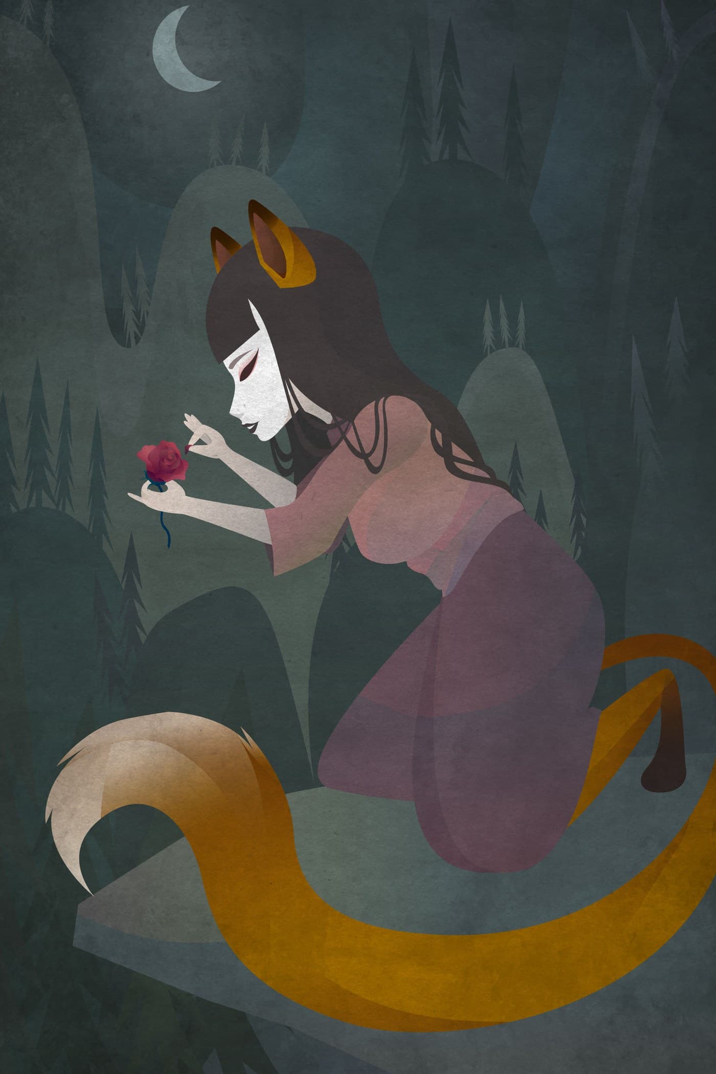 A fox spirit in a rose-coloured dress kneels on a rock under a crescent moon, holding a red rose to her face, her long orange tail curling around her, misty pine forest behind.