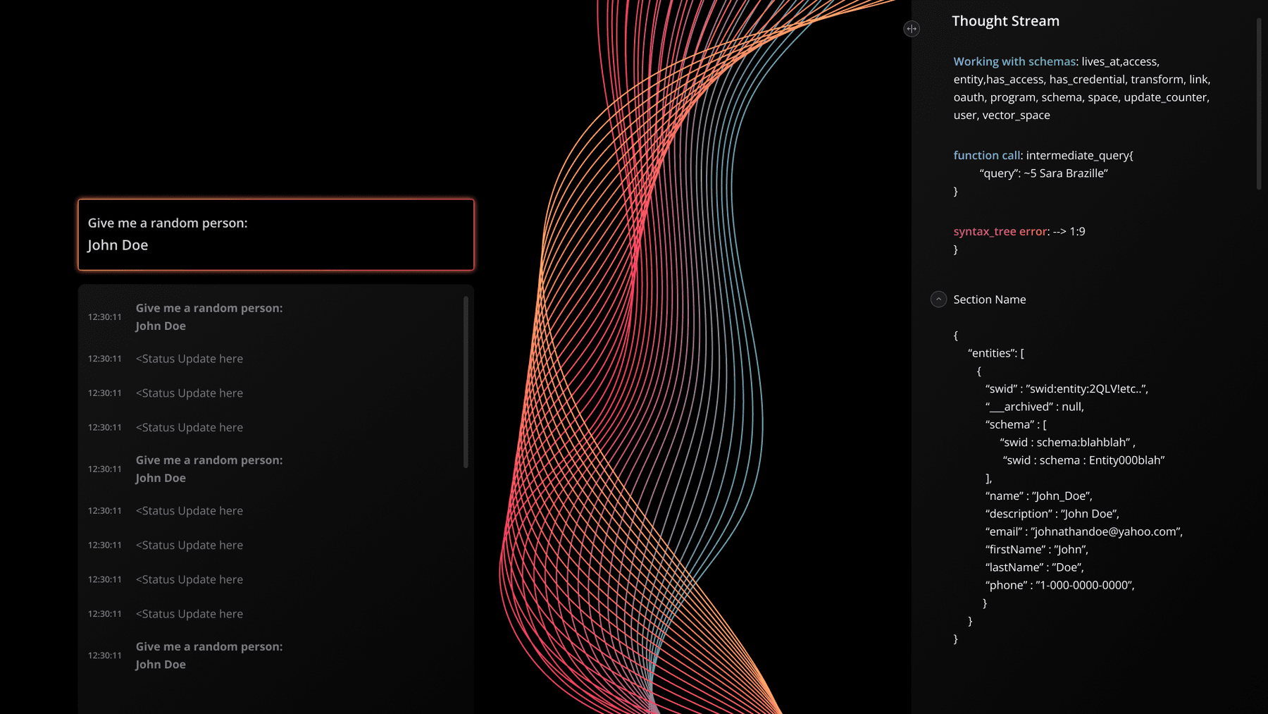 A dark interface: a chat log on the left, a ribbon of flowing coloured lines in the middle, and a Thought Stream panel on the right showing schemas, a function call and a JSON result.