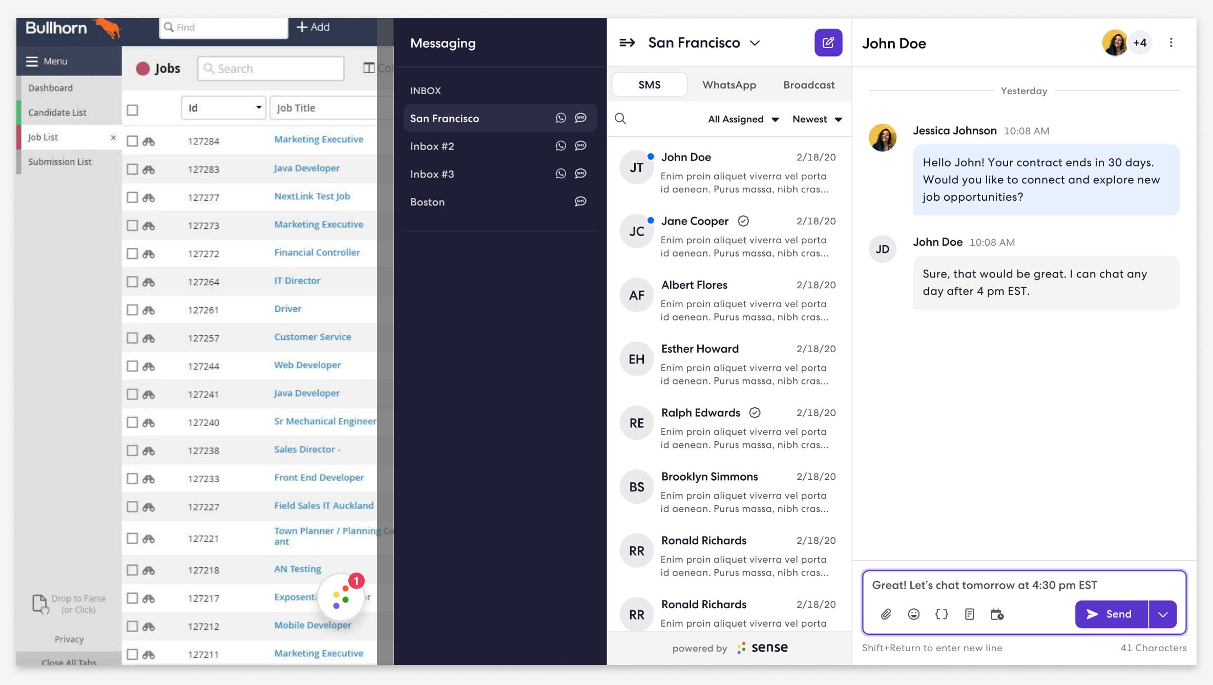 The redesigned Messaging inbox in the Chrome extension, docked beside an ATS: inbox list on the left, conversation and compose bar on the right.