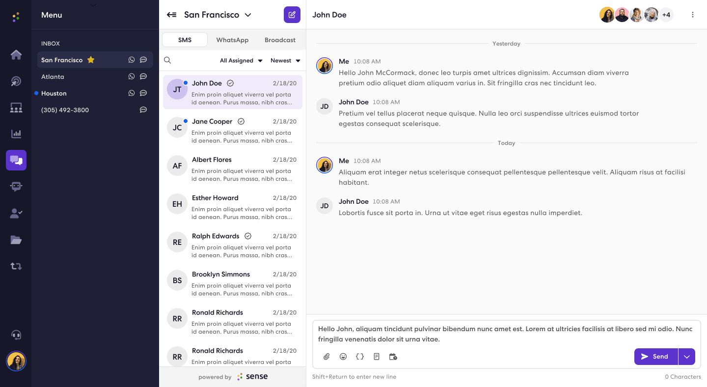 The redesigned Messaging app: a dark icon rail, an inbox list for San Francisco with SMS, WhatsApp and Broadcast tabs, a conversation with John Doe, and a compose box with Send.