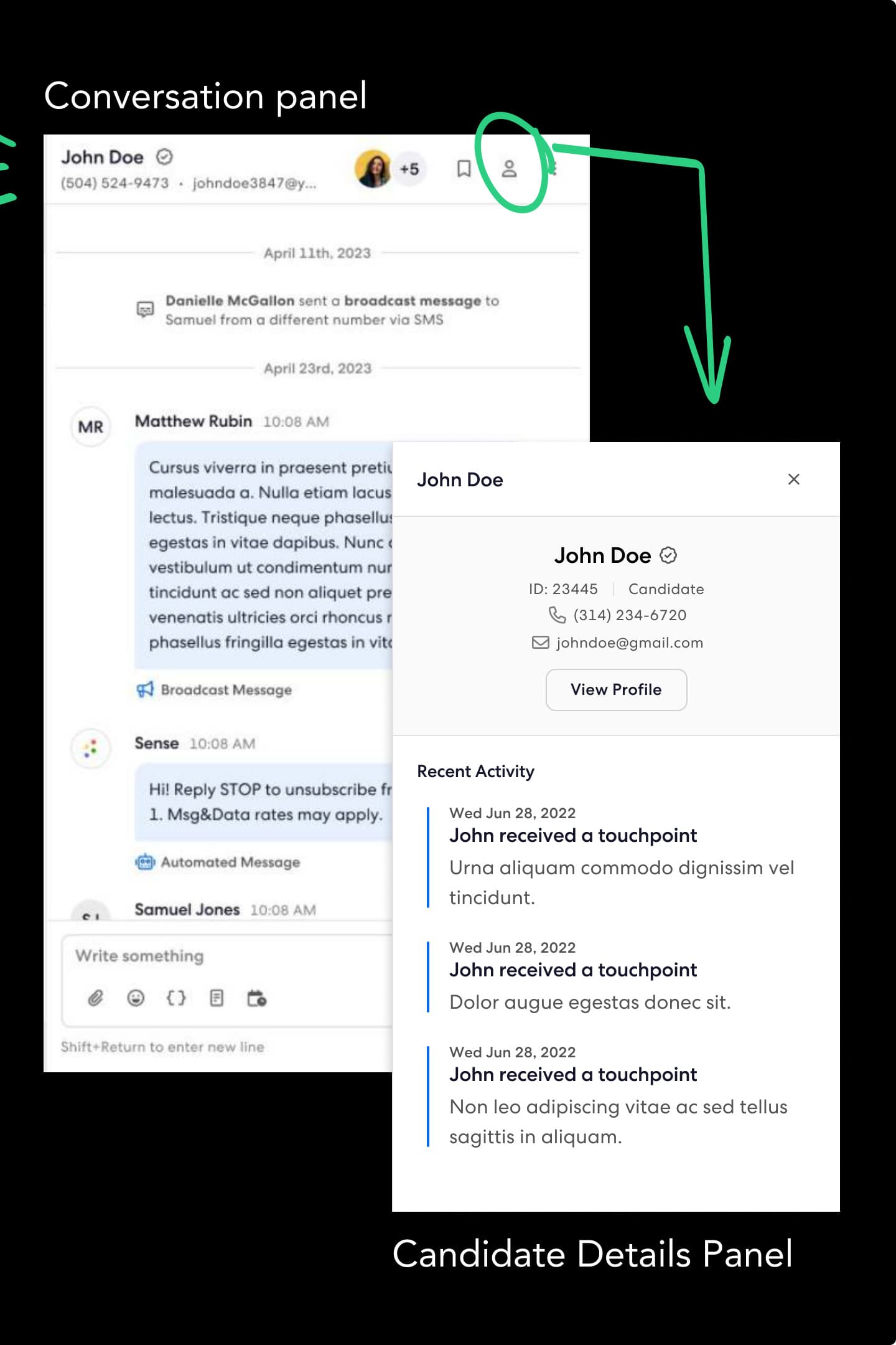 The fixed conversation panel with a details icon in the header, phone and email under the name, and the details panel open.