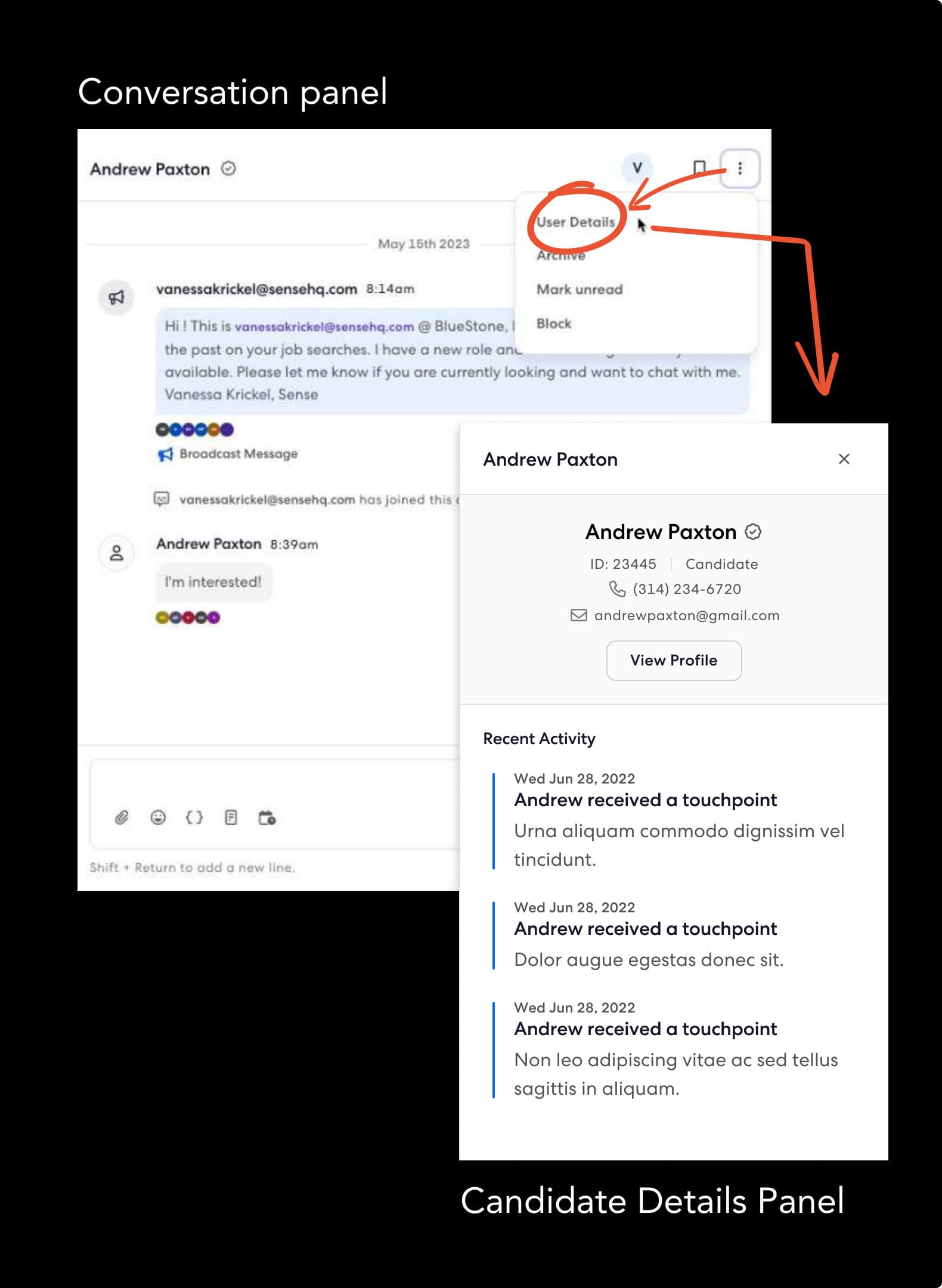 The beta conversation panel with the ellipsis menu circled and an arrow to the candidate details panel it opened.