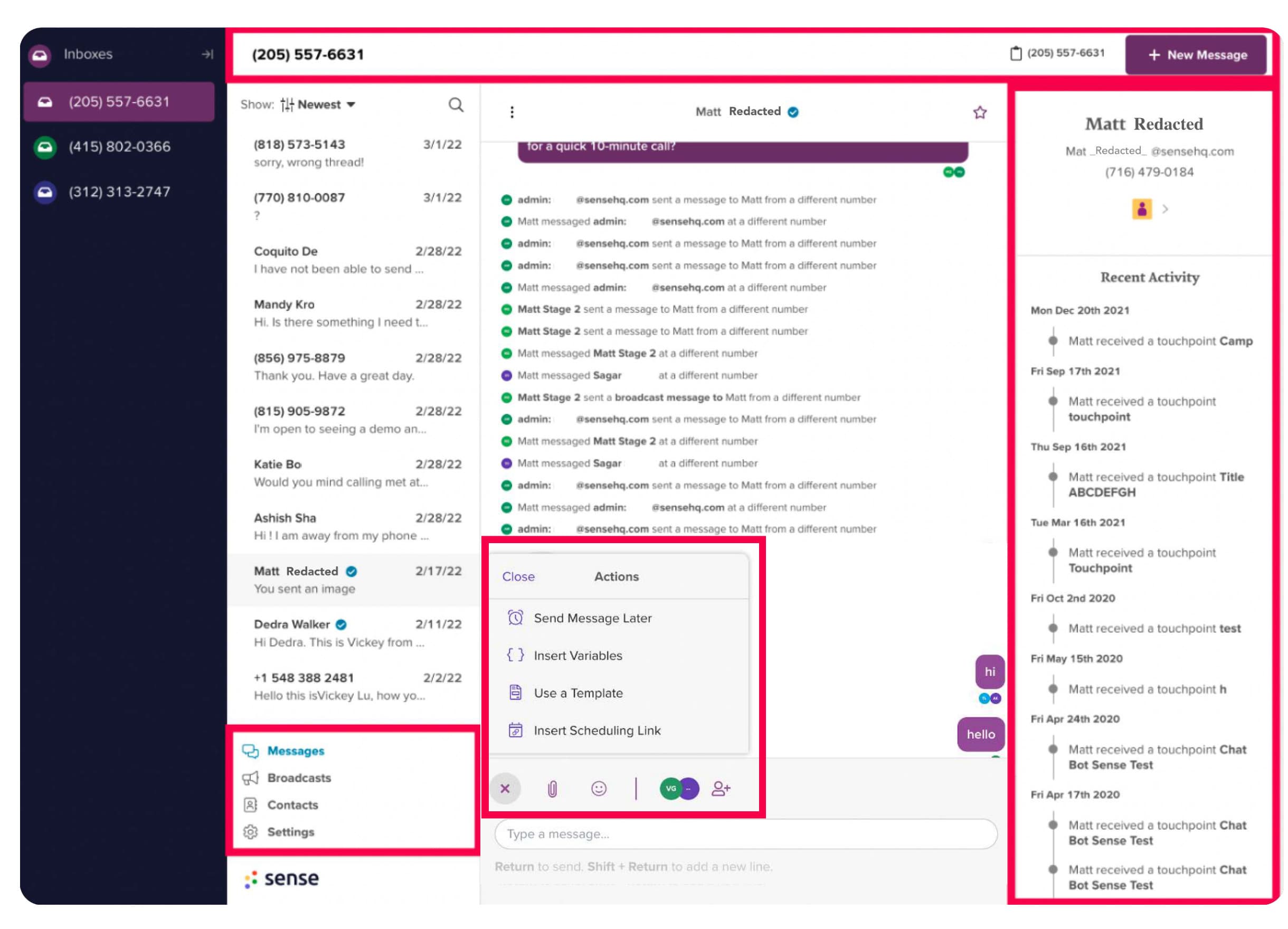 The old Messaging interface with pink boxes marking the scattered navigation, the actions menu and the oversized details panel.