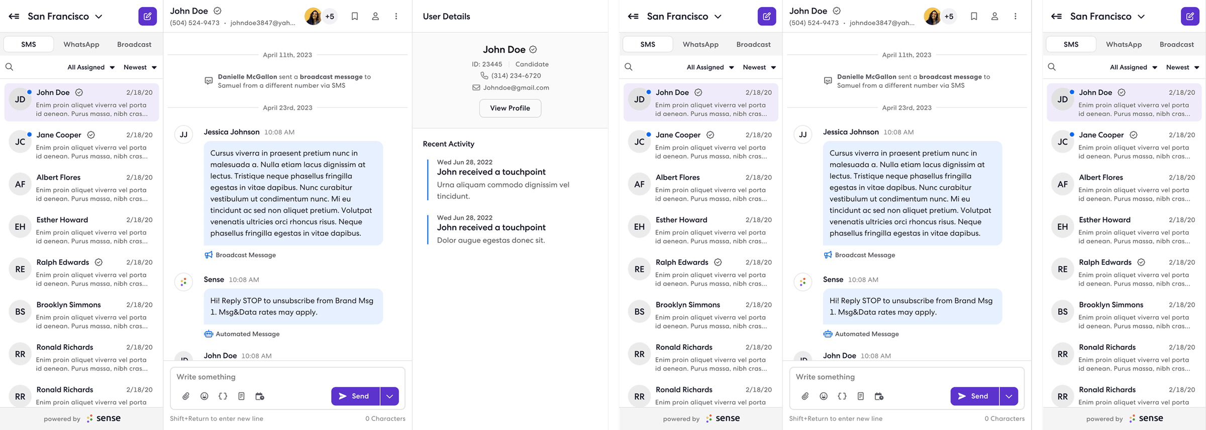 Three views of the launched Messaging app at different widths: three panels, two panels and one.