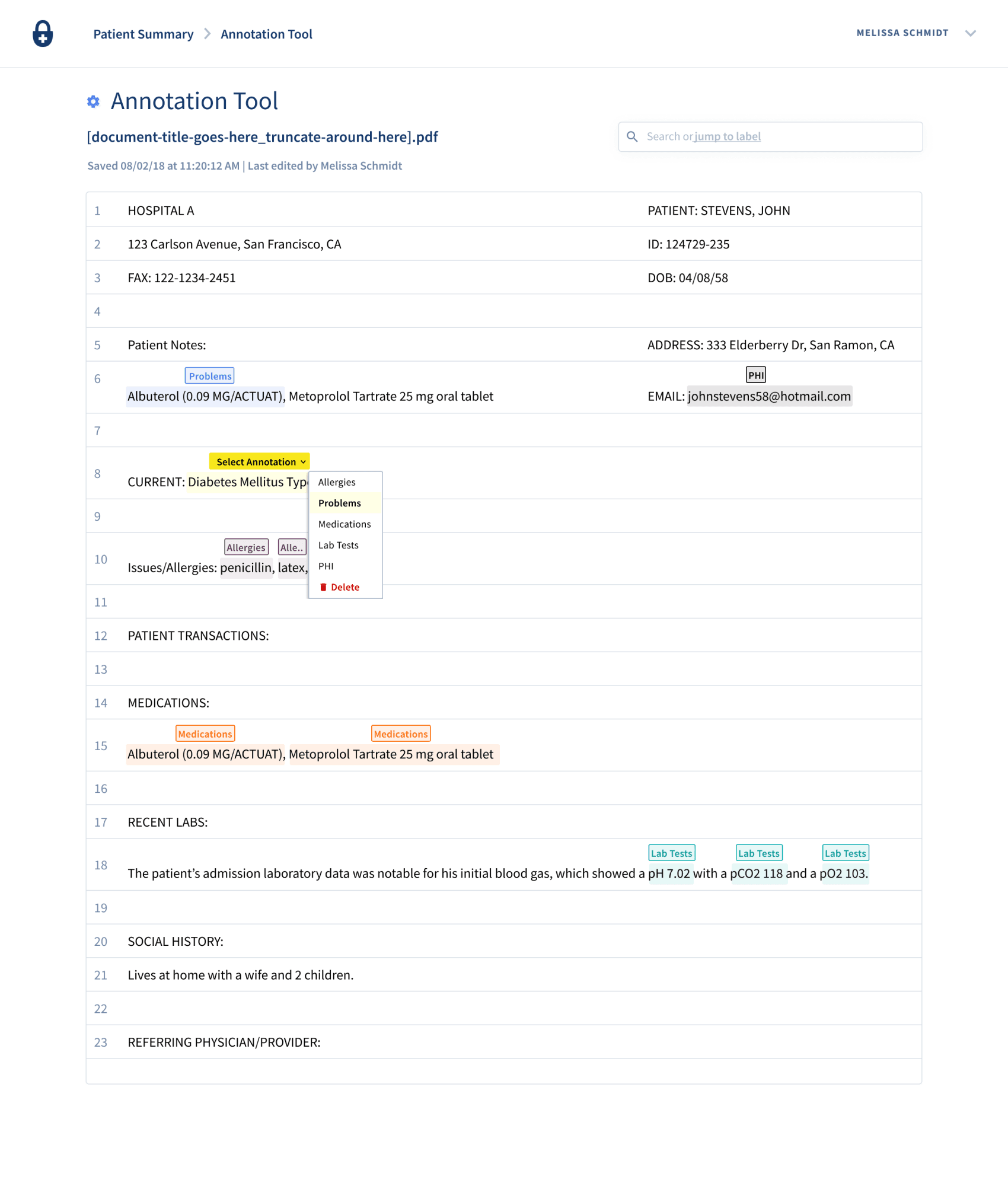 The shipped annotation tool: a medical record with highlighted terms carrying blue, purple and orange labels.