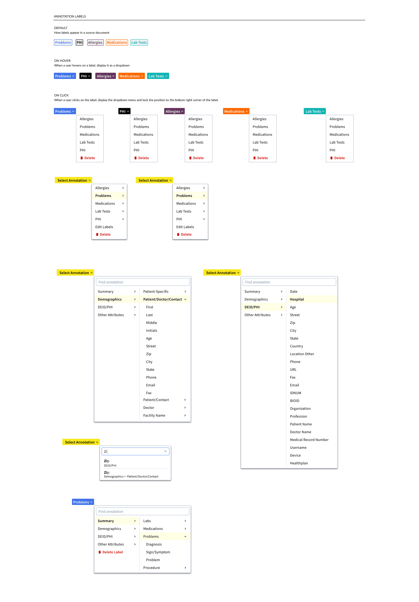 Several small variants of the color-coded label menu laid out side by side.
