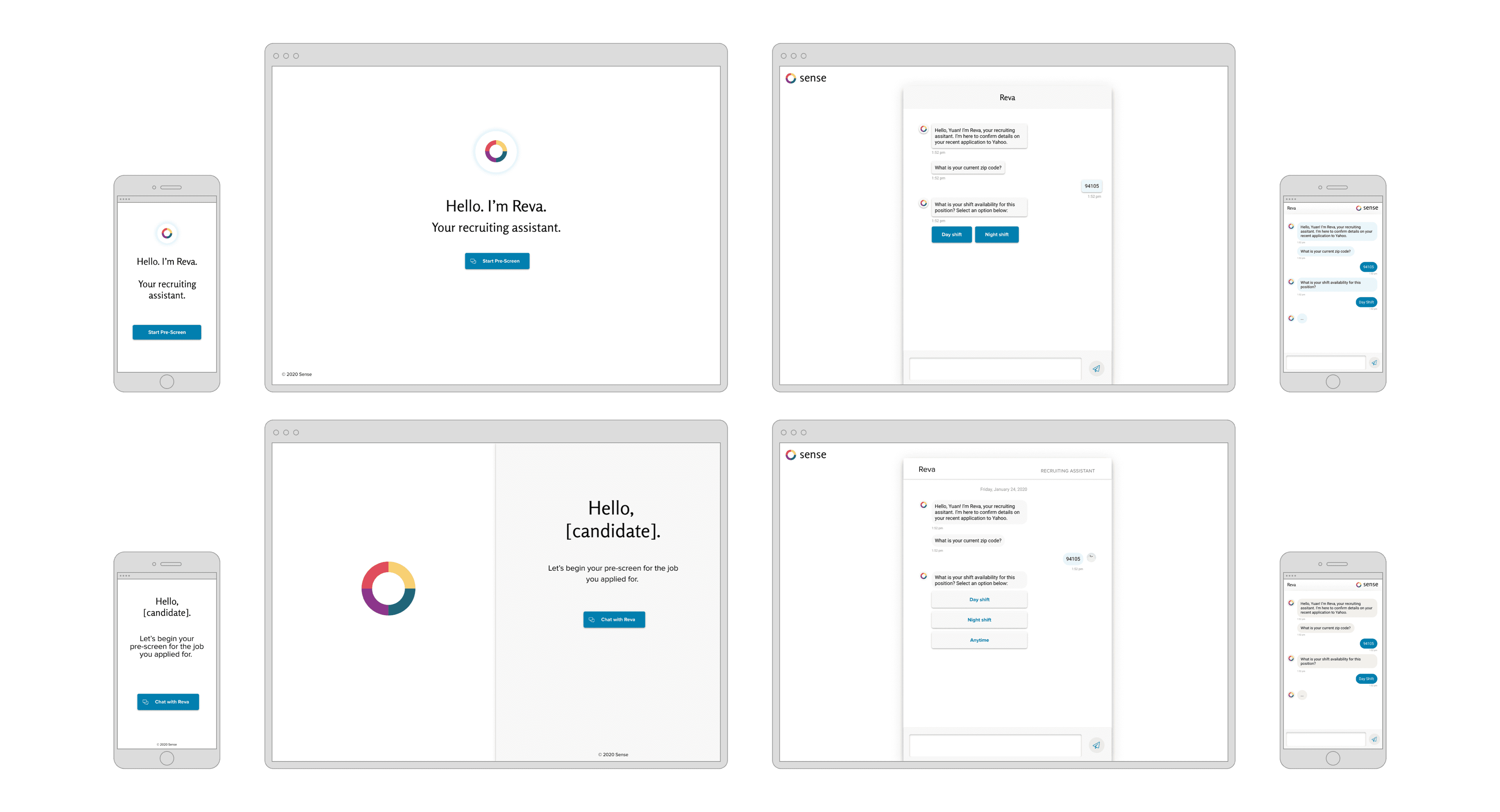 Early concepts for Reva on desktop and mobile: a welcome screen with a circular multicolour mark, and a chat with a zip code question and shift buttons.