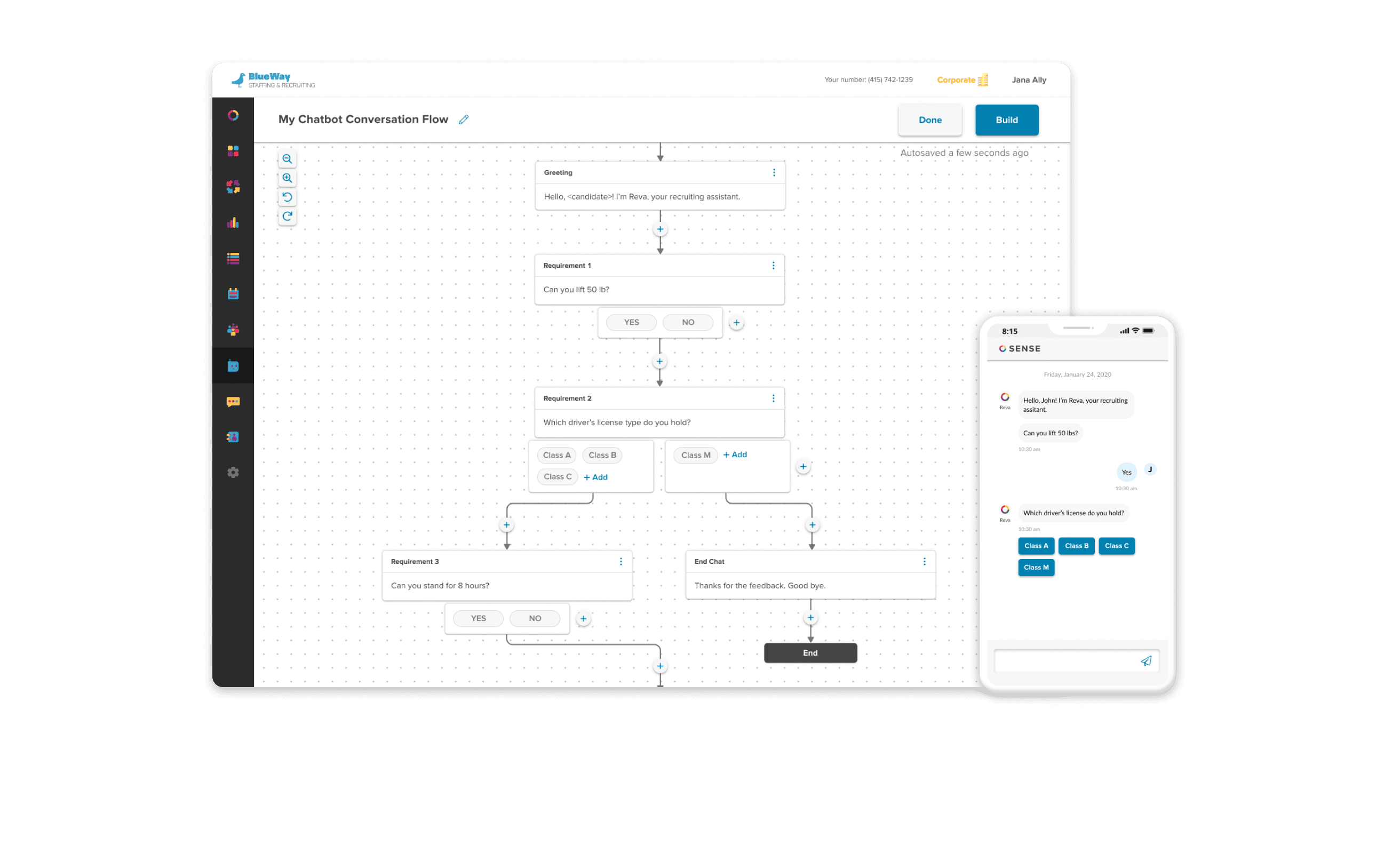 The Conversation Flow Designer canvas with a branching pre-screening flow, and a phone showing the resulting chat with Reva.