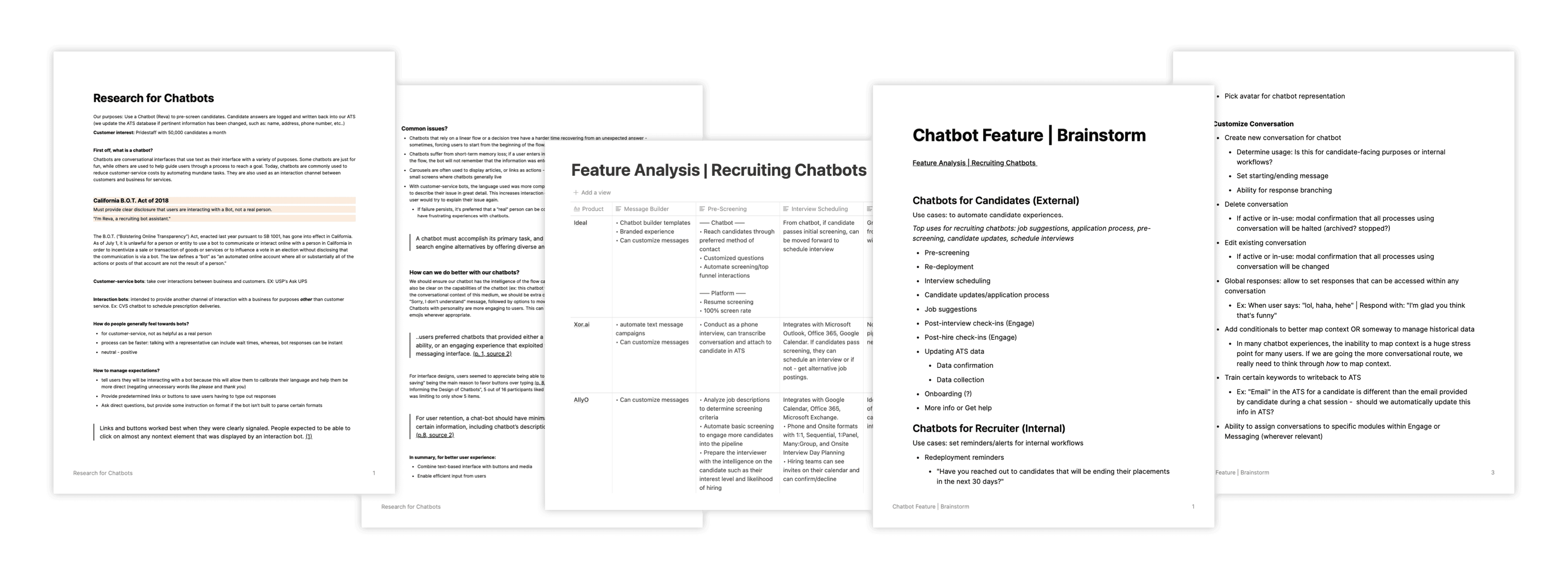 Pages from the research notes: what a chatbot is, common issues, a feature comparison of recruiting chatbots, and a feature brainstorm.