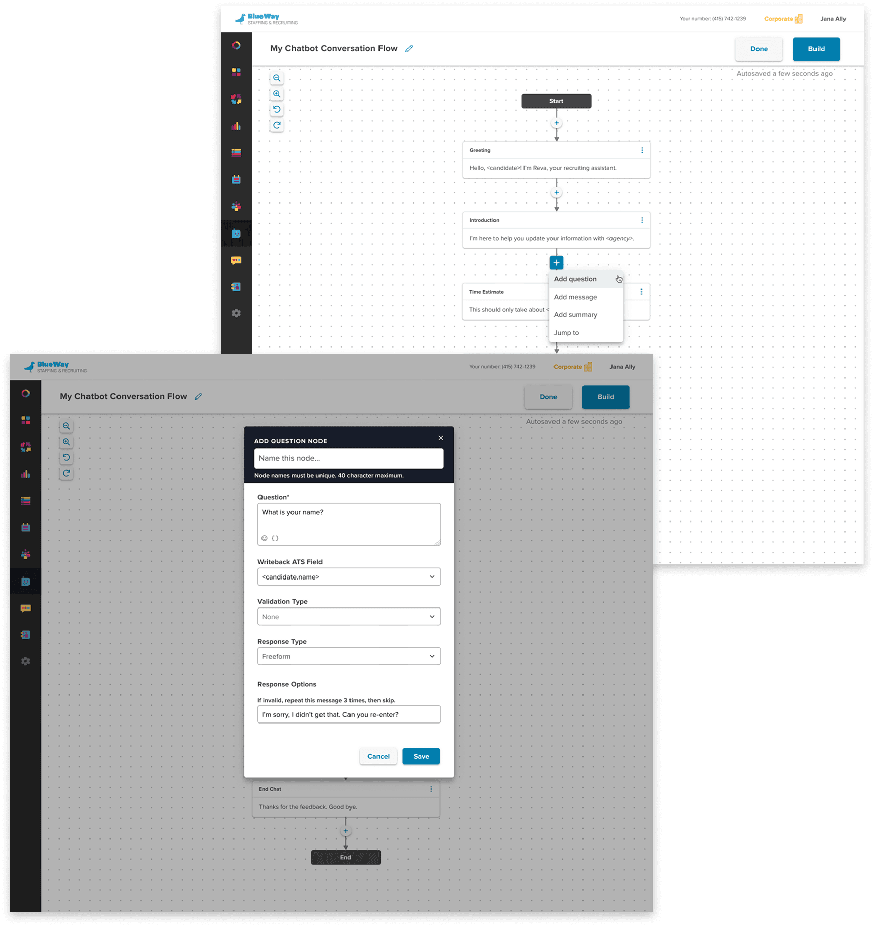 Two Chatbot 1.0 screens: the conversation canvas with an Add question menu, and the Add Question Node modal with its Validation Type field.