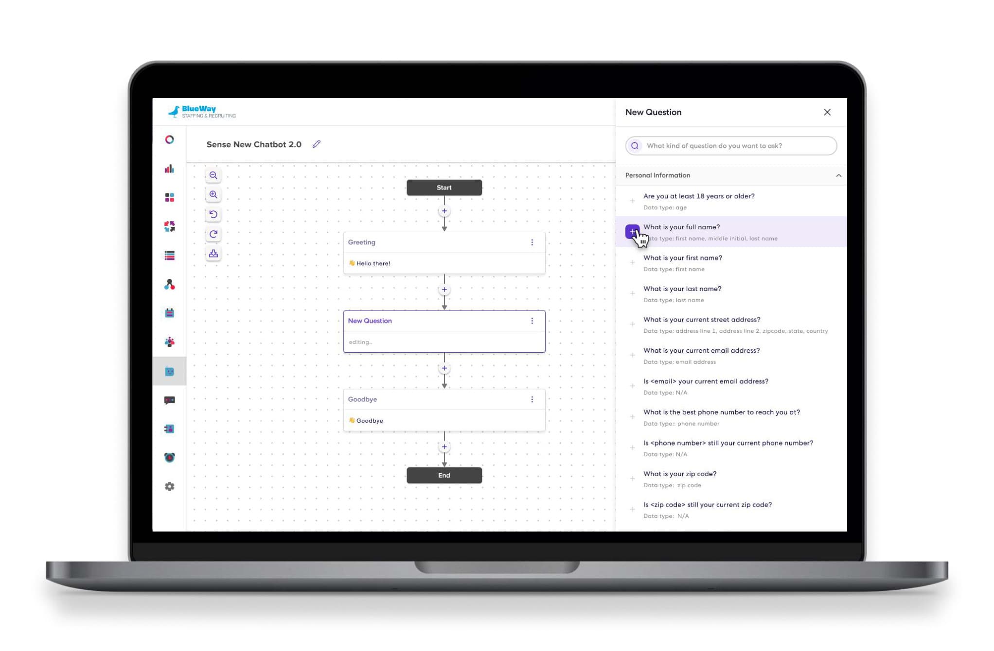 A laptop showing the Chatbot 2.0 builder: a conversation flow on a canvas with a New Question side panel listing preset questions.