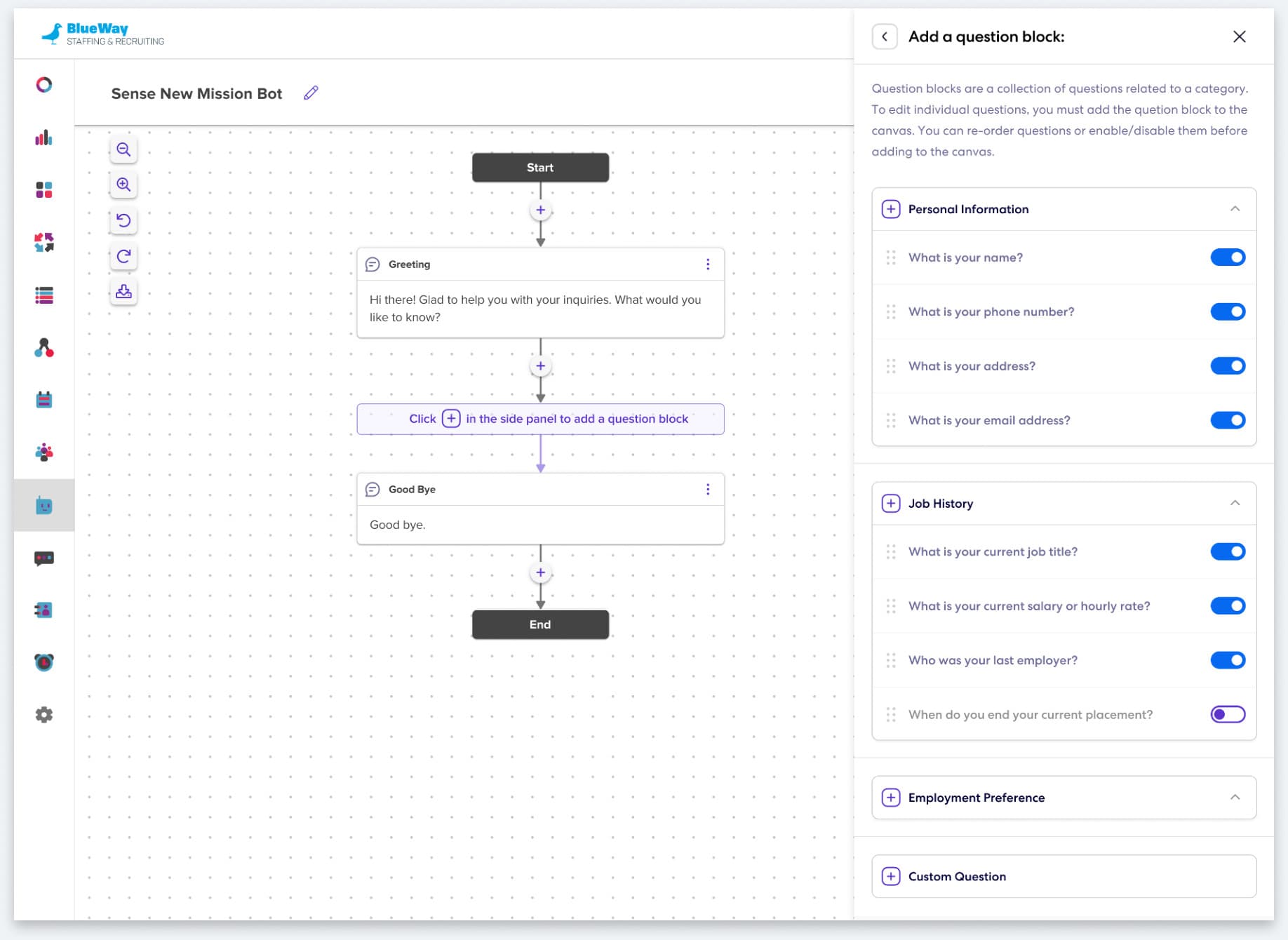 The canvas with an Add a question block panel listing personal information, job history and employment preference groups with toggles.
