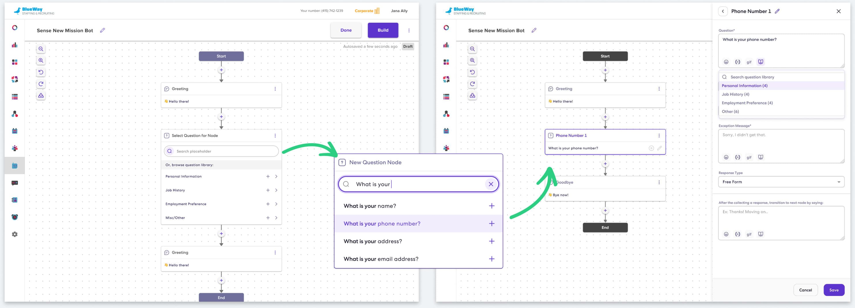Two canvas screens: a search field inside a new node suggesting preset questions, and the chosen question open in the side panel.