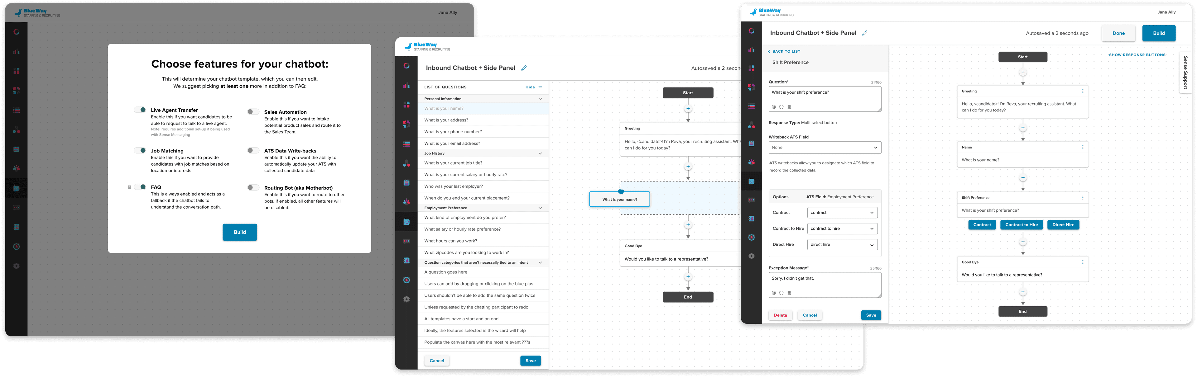 Early screens in the legacy interface: a feature picker for a new chatbot, a question library, and a canvas with a fixed left editing panel.