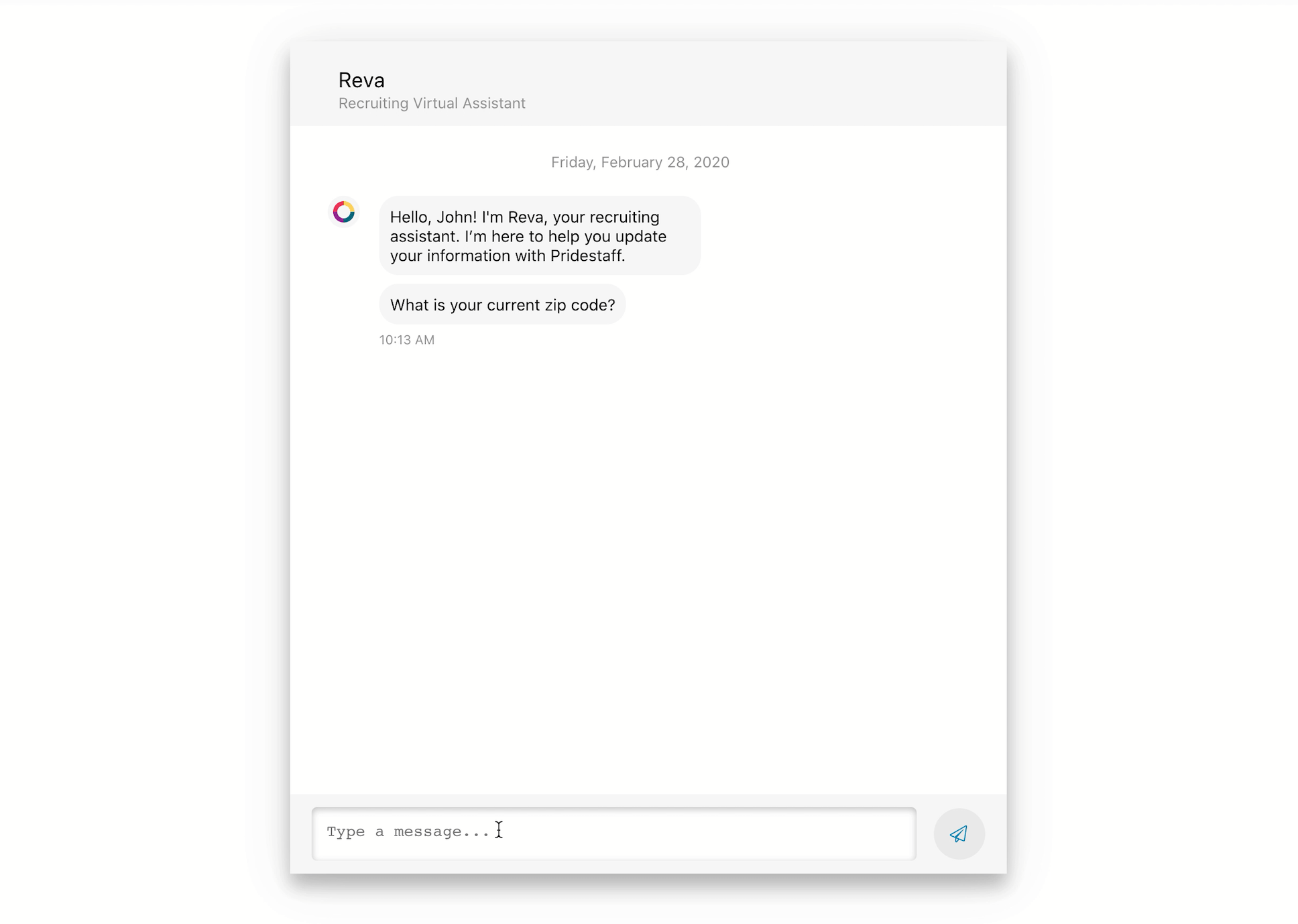 Recording of the Reva chat: the bot greets John, asks for his zip code, and he types a reply.